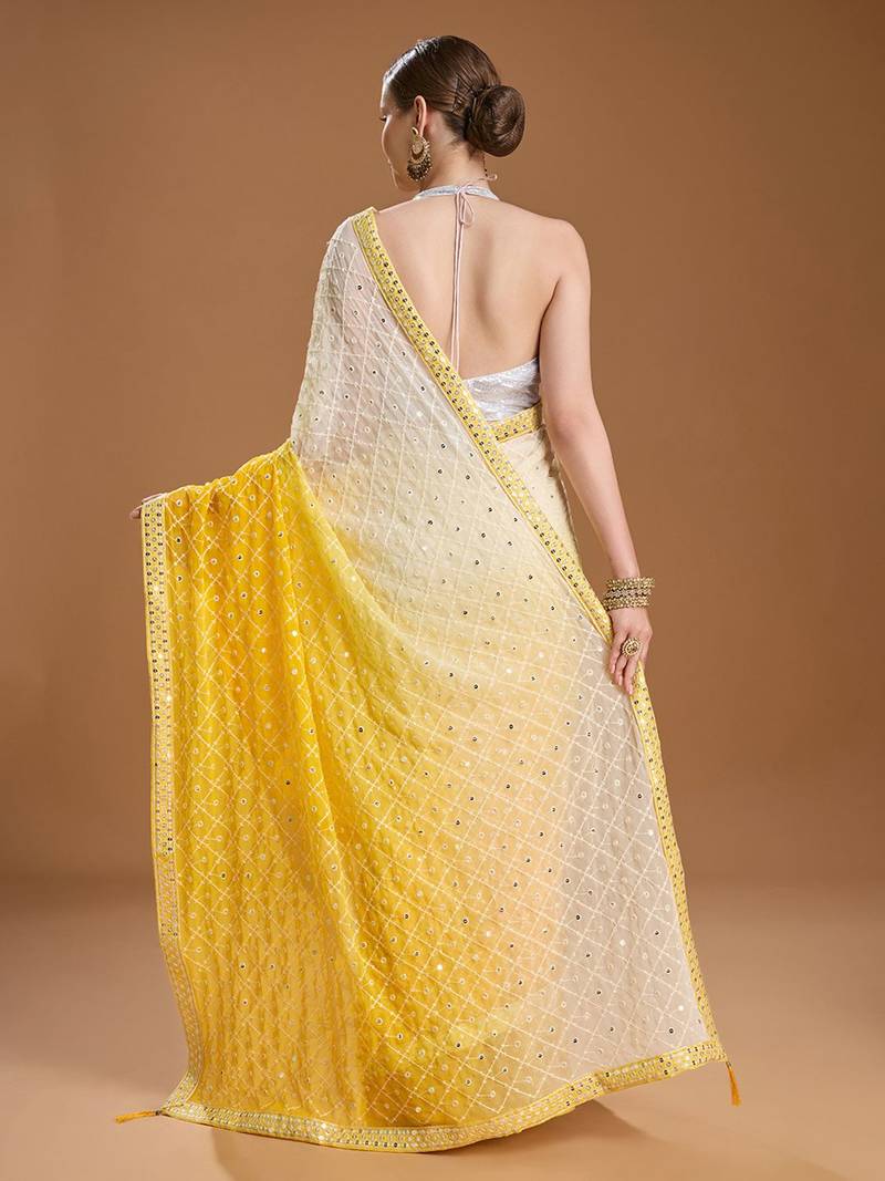 Yellow ombre sequinned pure georgette border saree with unstiched blouse