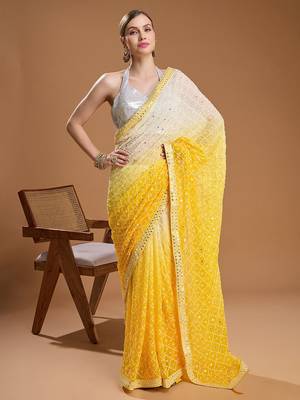 Yellow ombre sequinned pure georgette border saree with unstiched blouse 5