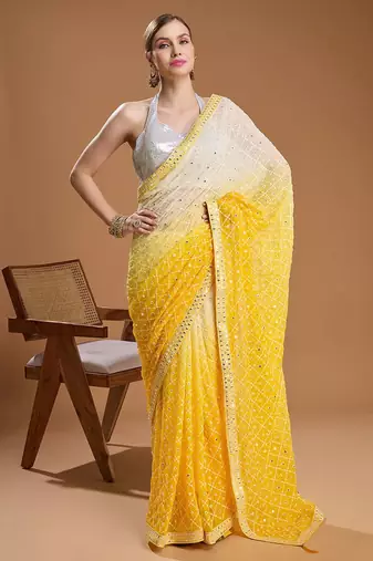 Yellow ombre sequinned pure georgette border saree with unstiched blouse
