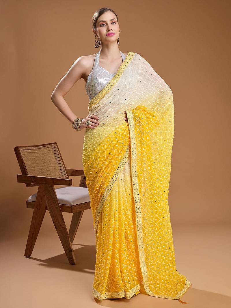 Yellow ombre sequinned pure georgette border saree with unstiched blouse