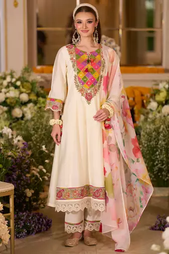 White embroidered silk blend kurta trouser dupatta set