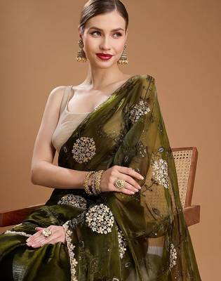Green embellished zari art silk border saree with unstiched blouse 1