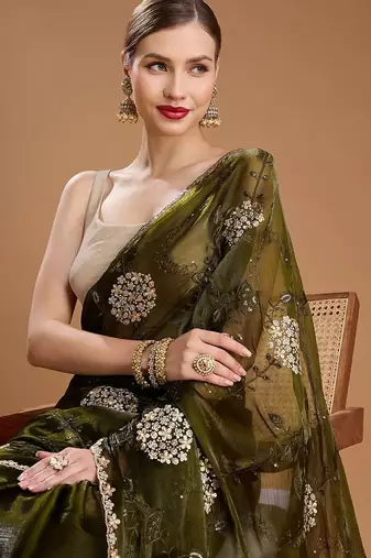 Green embellished zari art silk border saree with unstiched blouse