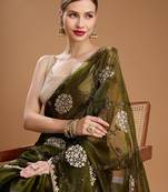 Green embellished zari art silk border saree with unstiched blouse