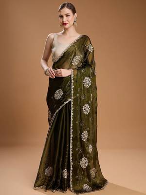 Green embellished zari art silk border saree with unstiched blouse 2