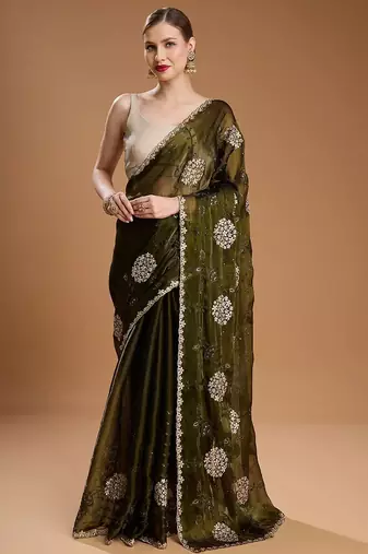 Green embellished zari art silk border saree with unstiched blouse