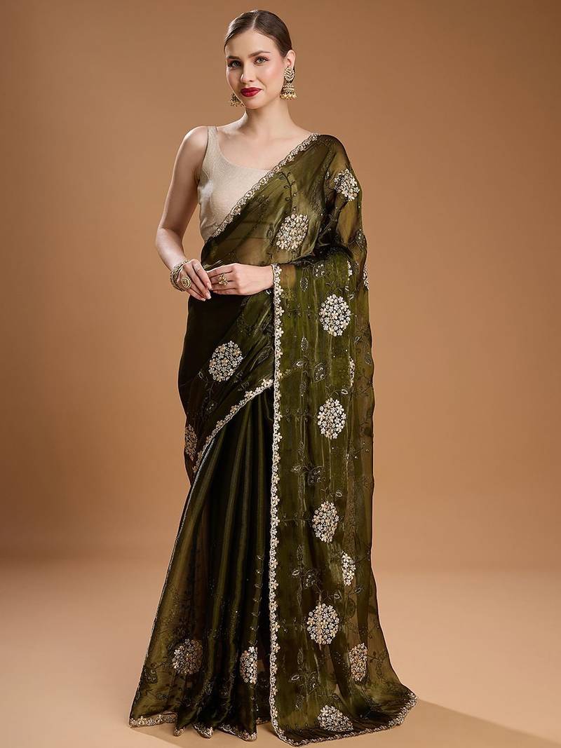 Green embellished zari art silk border saree with unstiched blouse