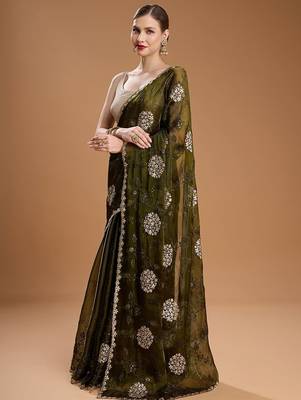 Green embellished zari art silk border saree with unstiched blouse 3