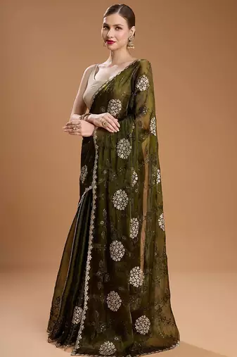 Green embellished zari art silk border saree with unstiched blouse