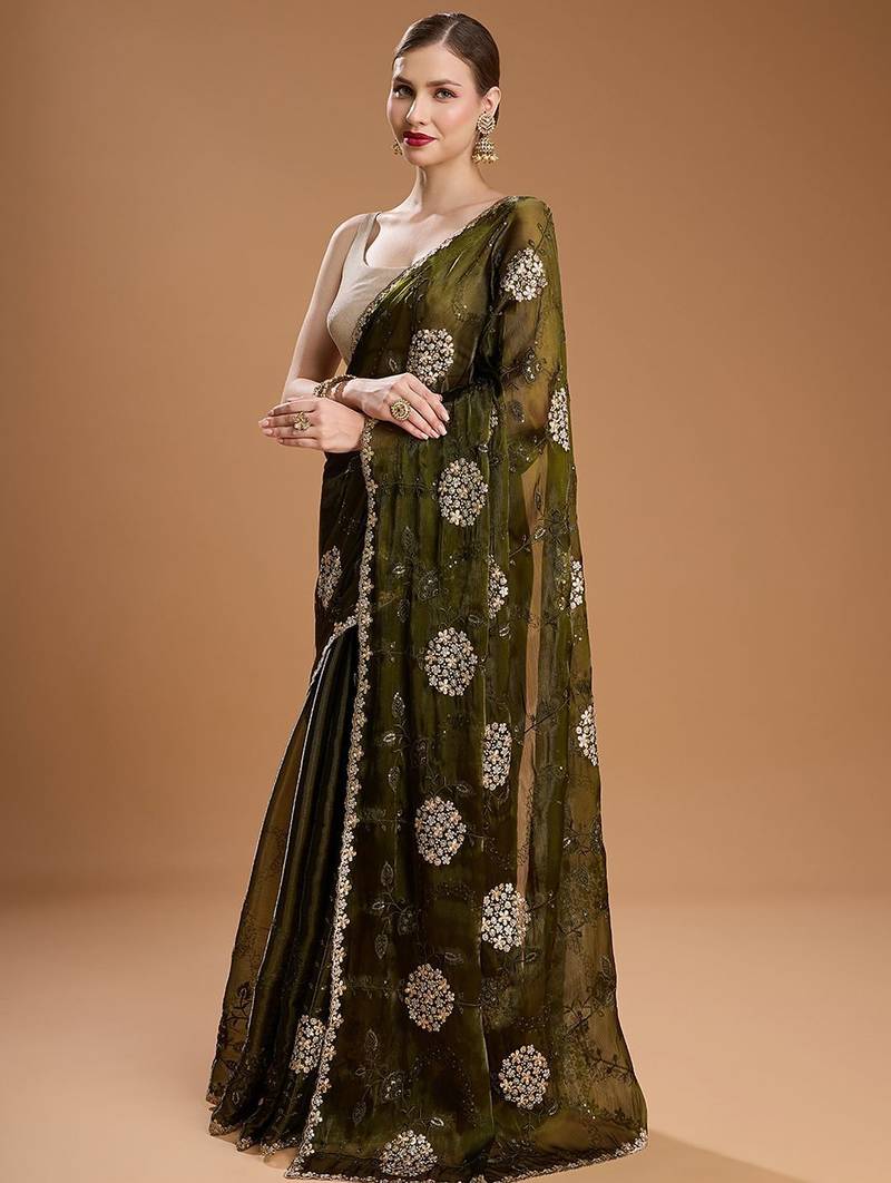 Green embellished zari art silk border saree with unstiched blouse