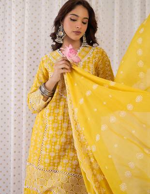 Mustard embroidered pure cotton kurta trouser dupatta set 1