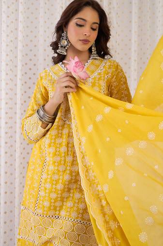 Mustard embroidered pure cotton kurta trouser dupatta set