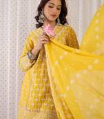 Mustard embroidered pure cotton kurta trouser dupatta set