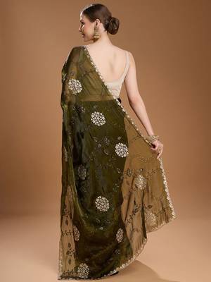 Green embellished zari art silk border saree with unstiched blouse 4