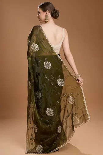 Green embellished zari art silk border saree with unstiched blouse