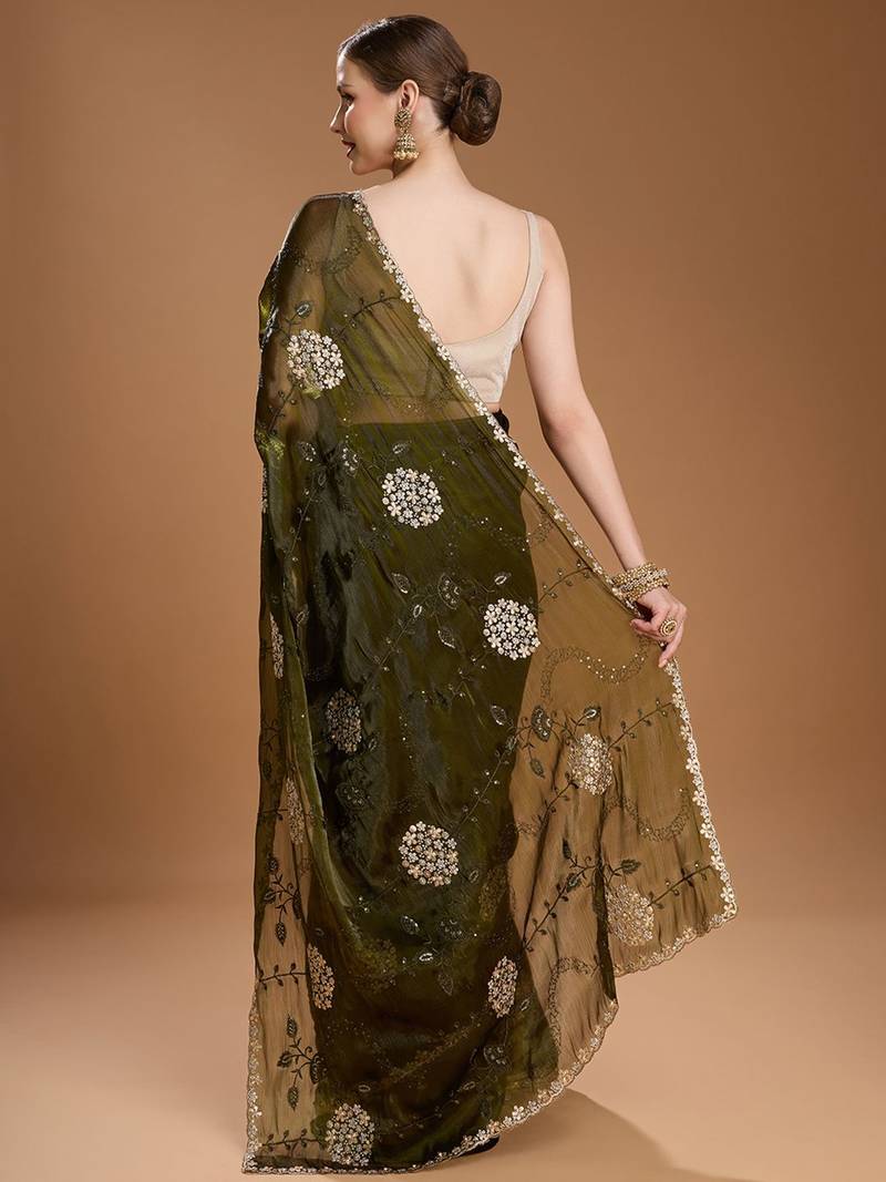 Green embellished zari art silk border saree with unstiched blouse