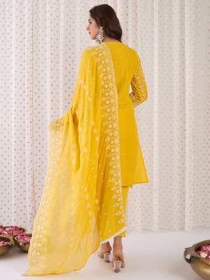 Mustard embroidered pure cotton kurta trouser dupatta set 2