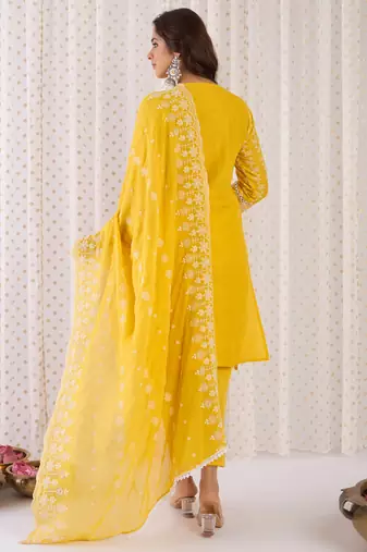 Mustard embroidered pure cotton kurta trouser dupatta set