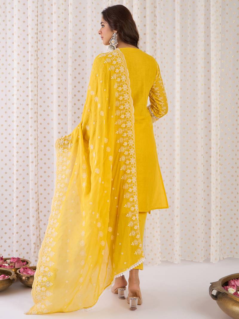 Mustard embroidered pure cotton kurta trouser dupatta set