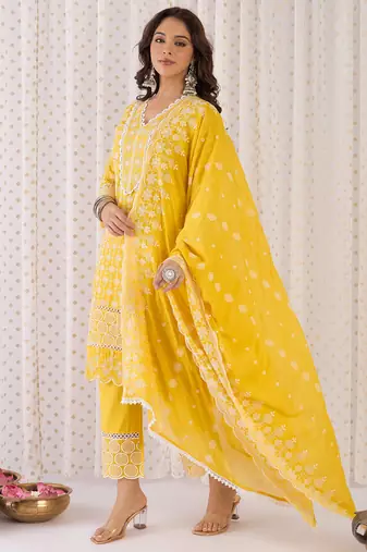 Mustard embroidered pure cotton kurta trouser dupatta set