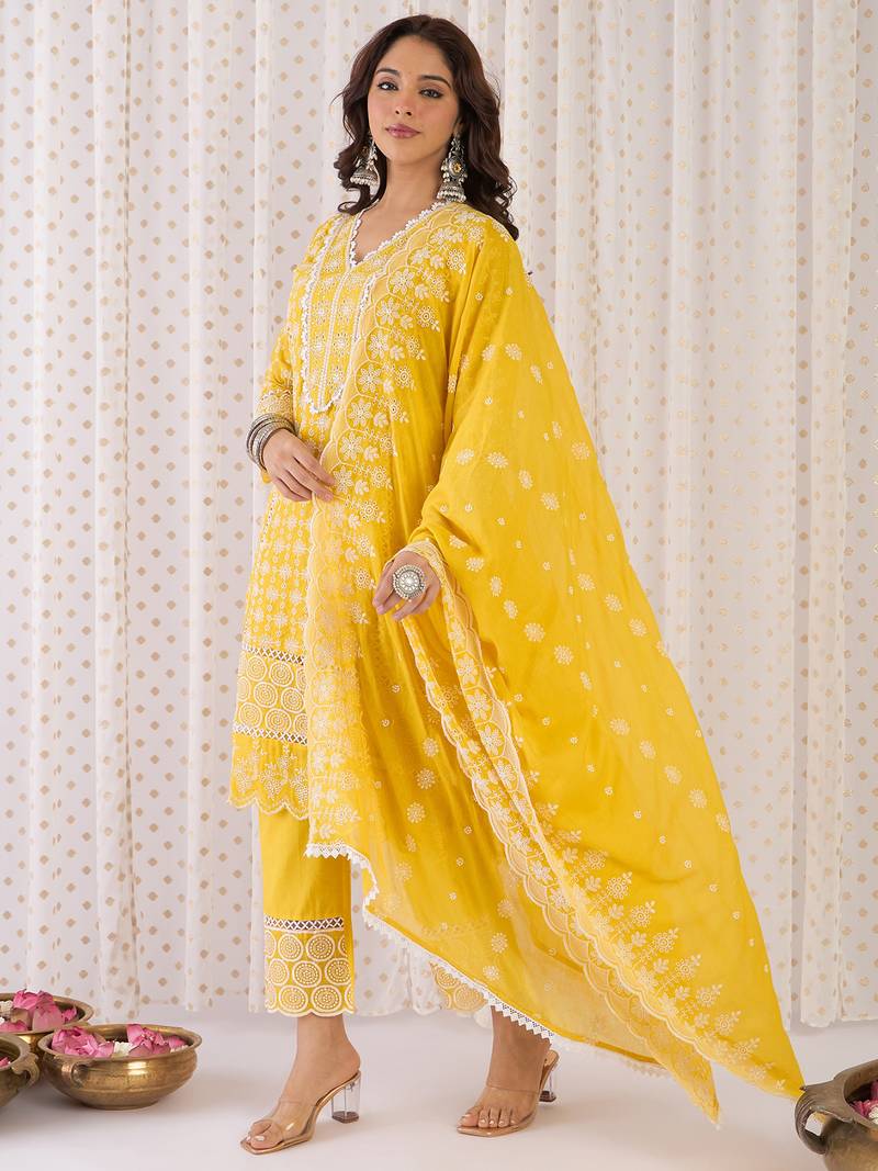 Mustard embroidered pure cotton kurta trouser dupatta set