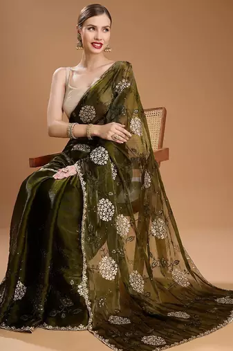 Green embellished zari art silk border saree with unstiched blouse