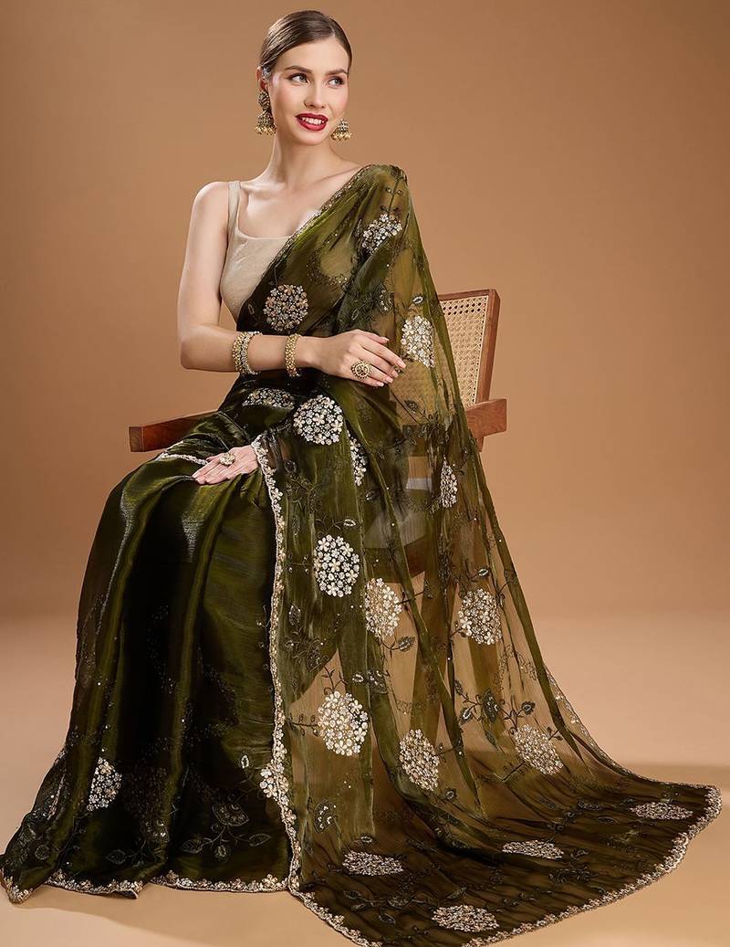Green embellished zari art silk border saree with unstiched blouse