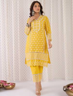 Mustard embroidered pure cotton kurta trouser dupatta set 4