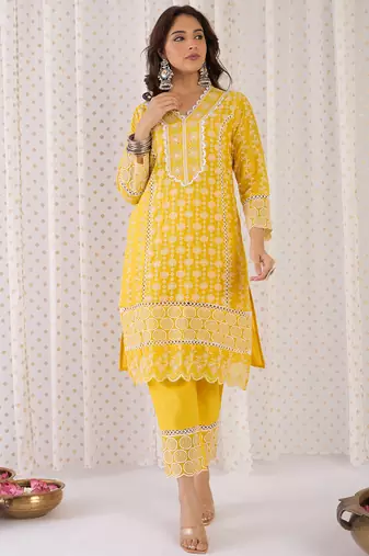 Mustard embroidered pure cotton kurta trouser dupatta set