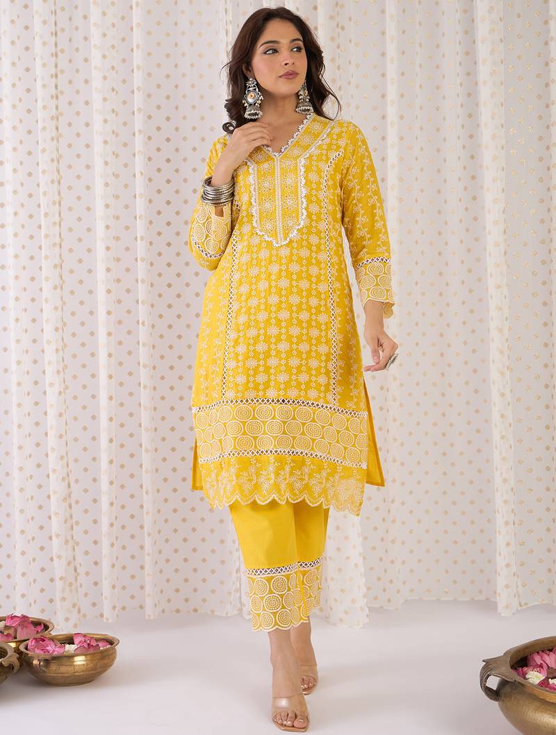 Mustard embroidered pure cotton kurta trouser dupatta set