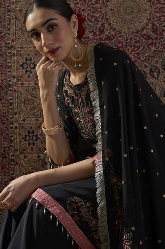 Black embroidered chinon kurta trouser dupatta set