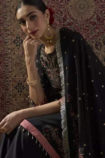 Black embroidered chinon kurta trouser dupatta set