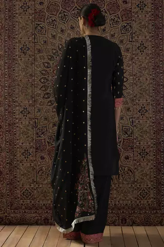 Black embroidered chinon kurta trouser dupatta set