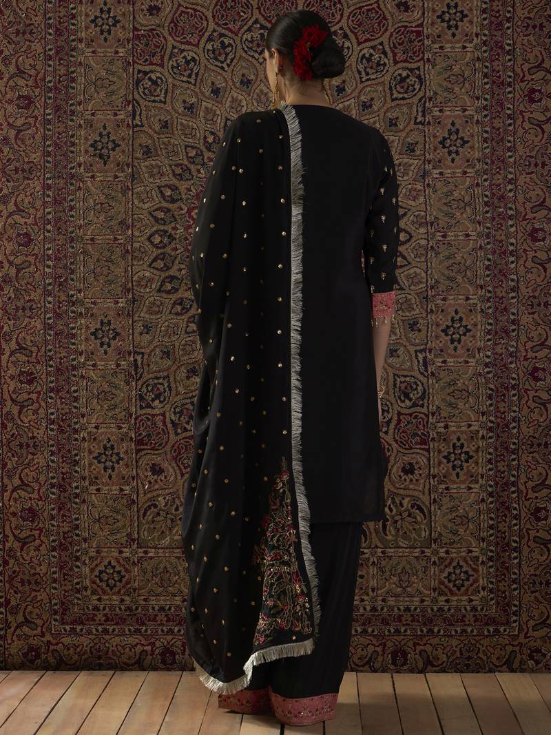 Black embroidered chinon kurta trouser dupatta set