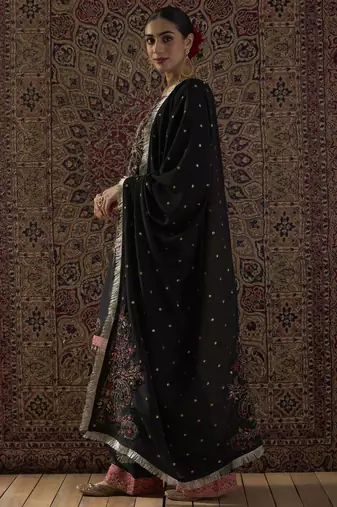 Black embroidered chinon kurta trouser dupatta set