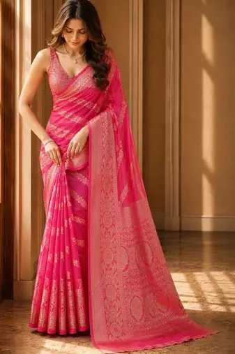 Pink woven design zari organza banarasi saree