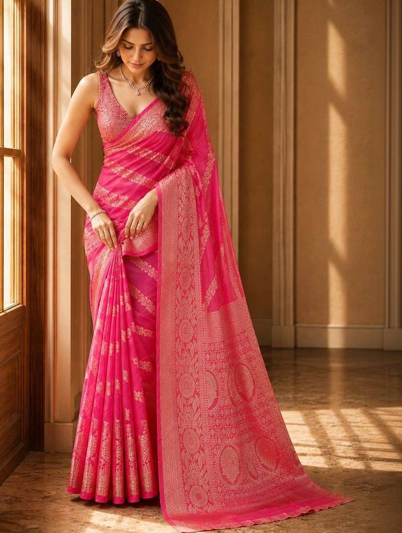 Pink woven design zari organza banarasi saree