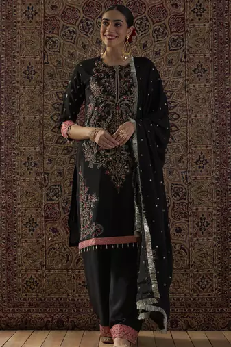 Black embroidered chinon kurta trouser dupatta set