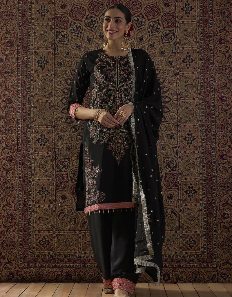 Black embroidered chinon kurta trouser dupatta set