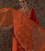 Orange embroidered silk blend kurta trouser dupatta set