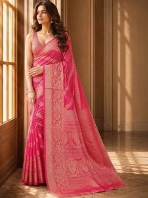 Pink woven design zari organza banarasi saree 3
