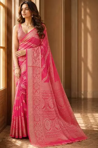Pink woven design zari organza banarasi saree