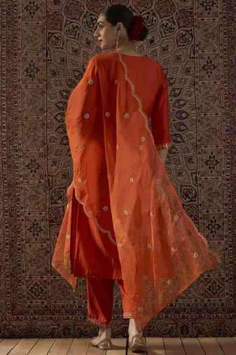 Orange embroidered silk blend kurta trouser dupatta set