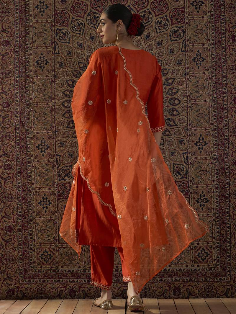 Orange embroidered silk blend kurta trouser dupatta set