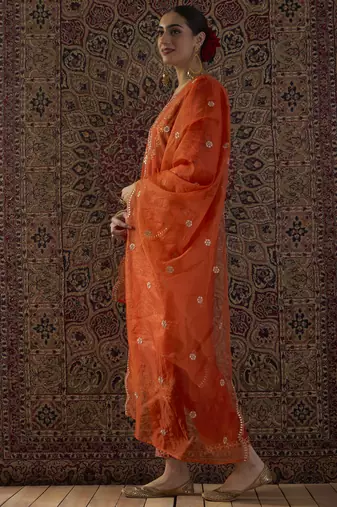 Orange embroidered silk blend kurta trouser dupatta set