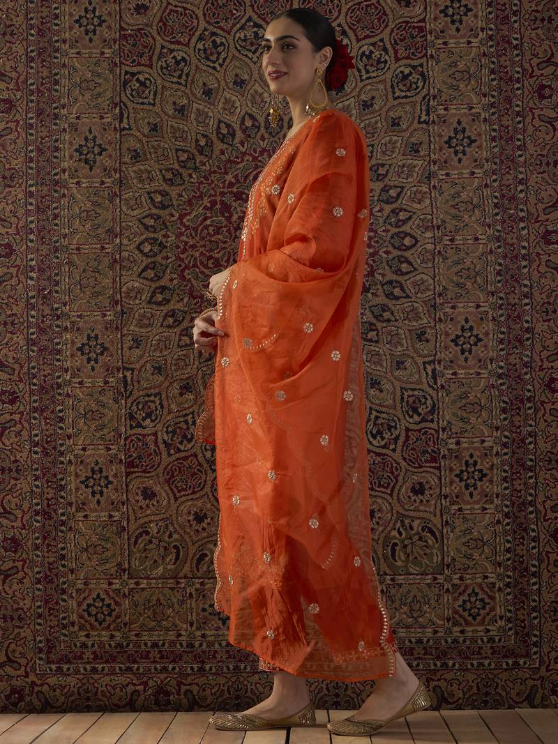 Orange embroidered silk blend kurta trouser dupatta set