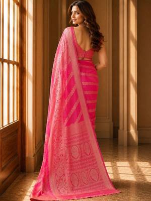 Pink woven design zari organza banarasi saree 4