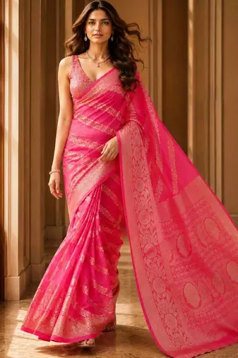 Pink woven design zari organza banarasi saree