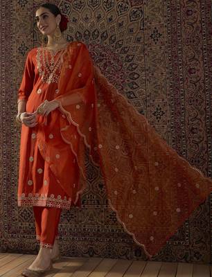 Orange embroidered silk blend kurta trouser dupatta set 4