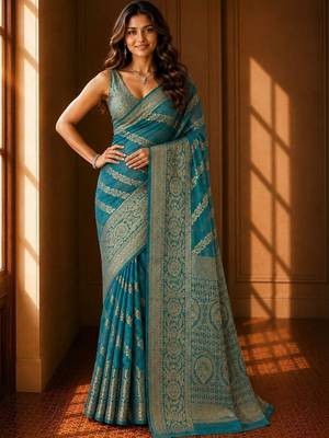 Teal woven design zari organza banarasi saree 1